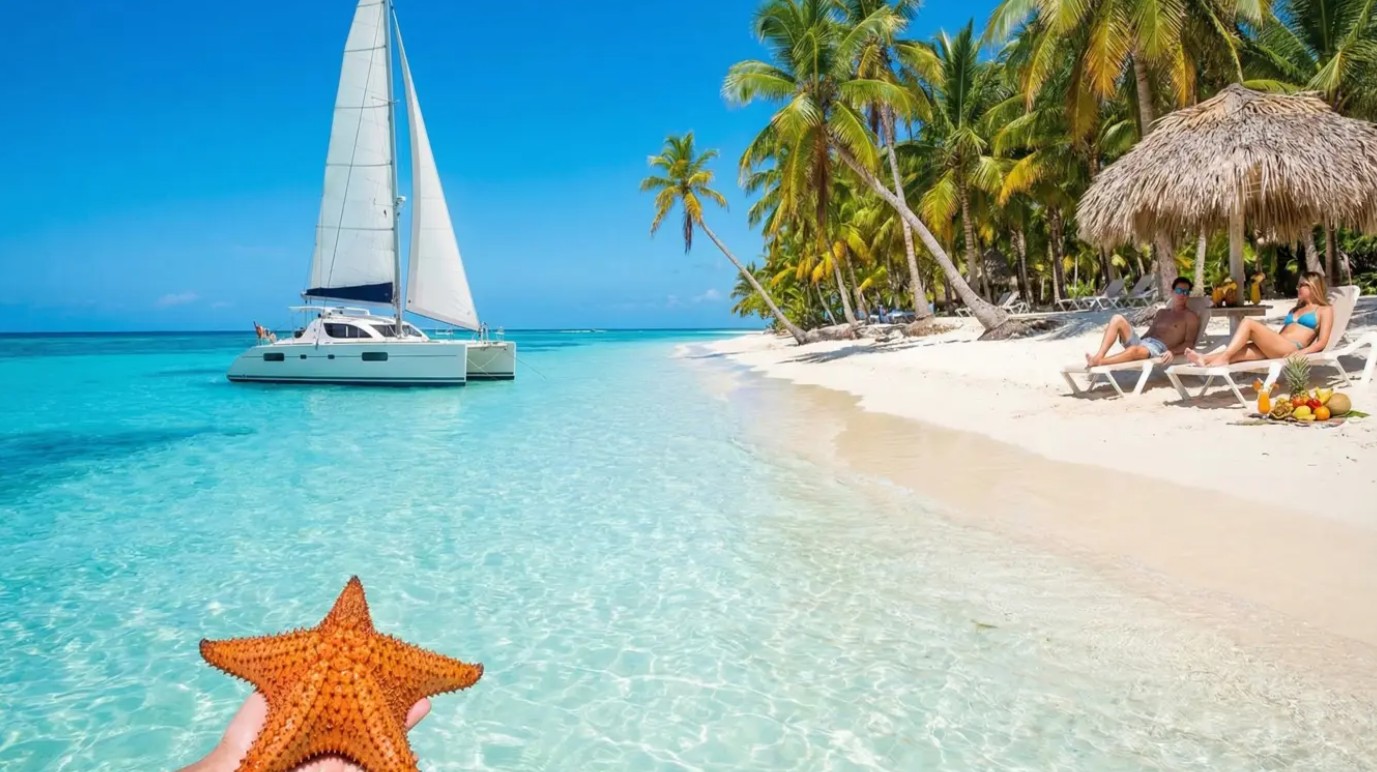 Catamaran and white-sand beach at Saona Island